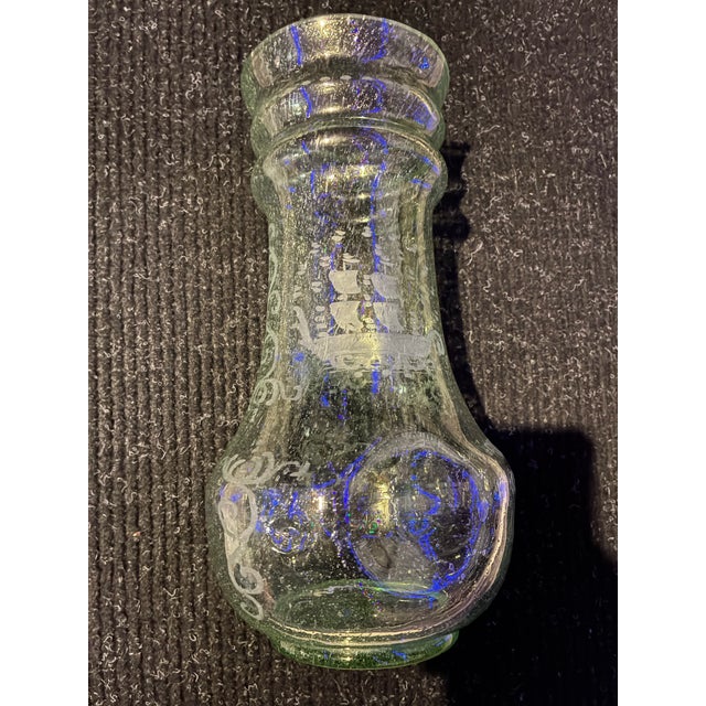 Biot Verrerie De Biot Vintage Hand-Blown Biot France Seeded Bubble Glass Vase With Etched Ship For Sale - Image 4 of 10