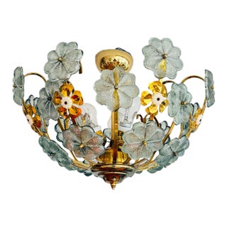Vintage Italian Hand-Painted Sage Green Glass & Brass Floral Flush Mount Chandelier For Sale