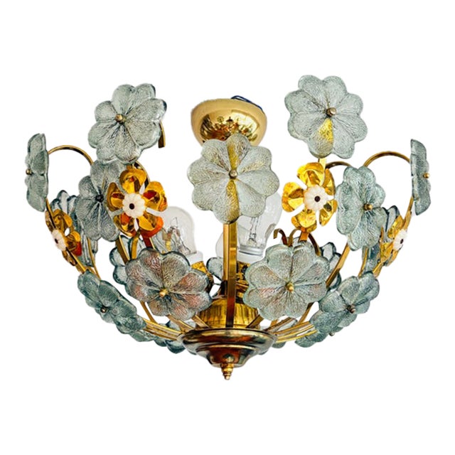 Vintage Italian Hand-Painted Sage Green Glass & Brass Floral Flush Mount Chandelier For Sale
