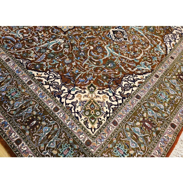 Vintage Persian Tabriz Rug, Hand-Knotted Wool, Mythical Firebird Motif, Brown & Ivory, 10x13 For Sale - Image 12 of 15