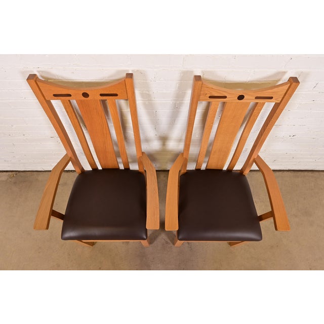 Late 20th Century Charles Rennie Mackintosh Style Arts & Crafts Inlaid Oak High Back Armchairs, Pair For Sale - Image 5 of 12
