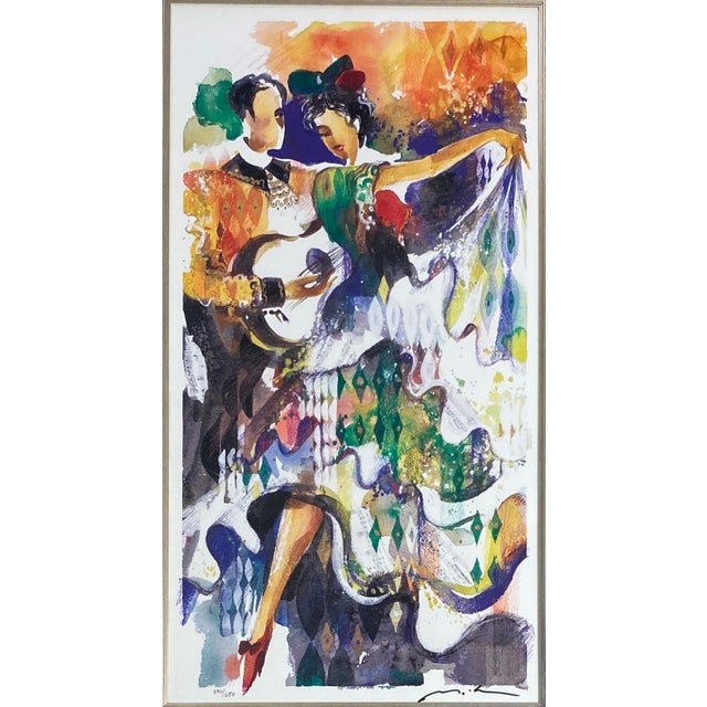 A wonderfully decorative lithograph by Misha Lenn. Vibrant colors featuring a Gypsy guitarist and a dancer in traditional...
