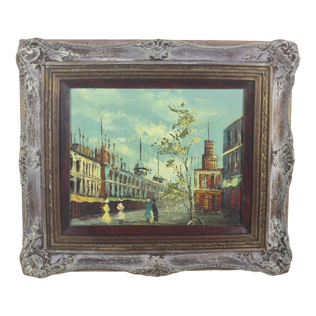 Vintage European City Scene Paris France Oil Painting, Framed, Small Original Art For Sale
