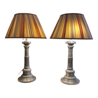 Pewter Corinthian Column Neoclassical Table Lamps- a Pair For Sale