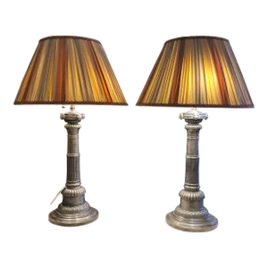 Pewter Corinthian Column Neoclassical Table Lamps- a Pair