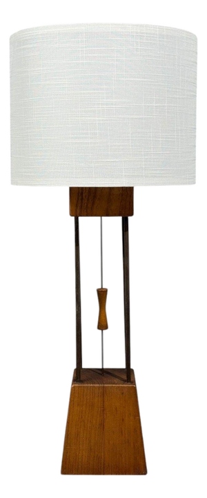 1960s American Modern, Cage Form Table Lamp, Walnut, Brass, Usa