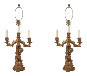 Antique Figural Nude Putti Gilt Wood Candelabra Table Lamp - a Pair