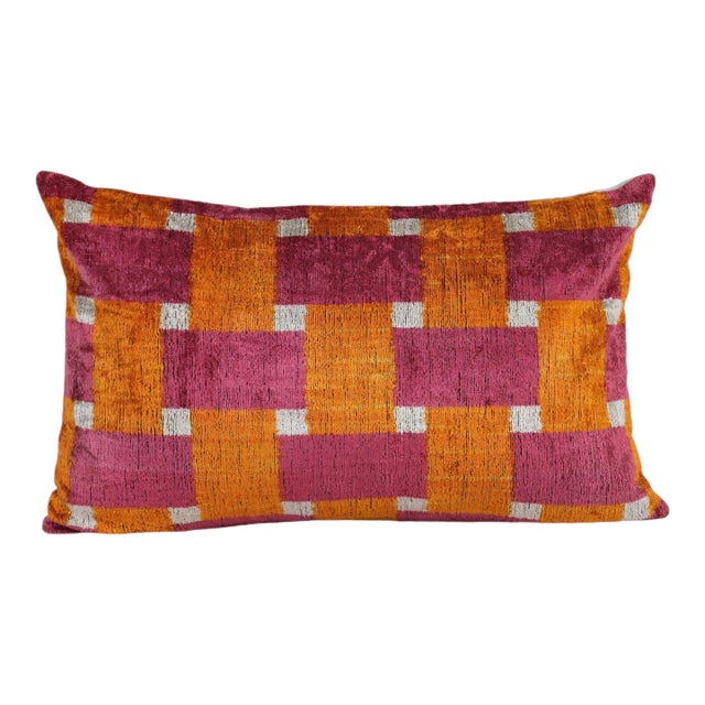 Geometric Orange and Magenta Silk Velvet Pillow Cover For Sale
