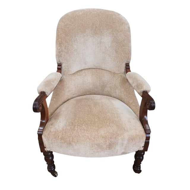 Antique Library Lounge Chair in Velour For Sale