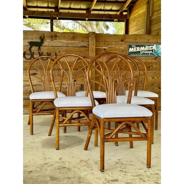 Set of 6 Restored Coastal Rattan Dining Chairs in White Sunbrella For Sale - Image 9 of 11
