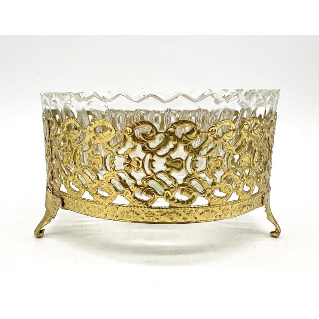 Vintage Hollywood Regency Gold-Tone Filigree & Glass Footed Dish — Candy / Nut Bowl / Vide Poche For Sale - Image 11 of 15