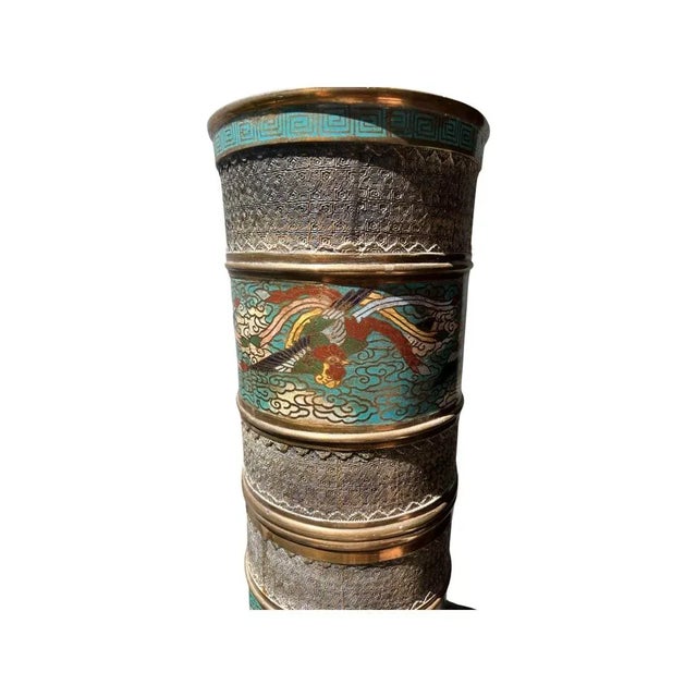 Antique chinese bronze & cloisonne umbrella stand. Likely circa 1900. Phoenix motifs to body