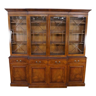 Late 20th Century Handmade English Georgian Style Walnut Burl Breakfront Display Cabinet Bookcase For Sale