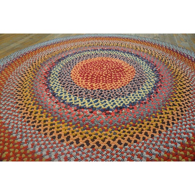 Fancy Multi Color Background Wtih Folk Art Styles Round Antique American Braided Rug For Sale - Image 4 of 12