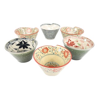Set of Six Hand-Painted Assorted Floral & Artisan Motif Bat Trang Ceramic Bowls For Sale