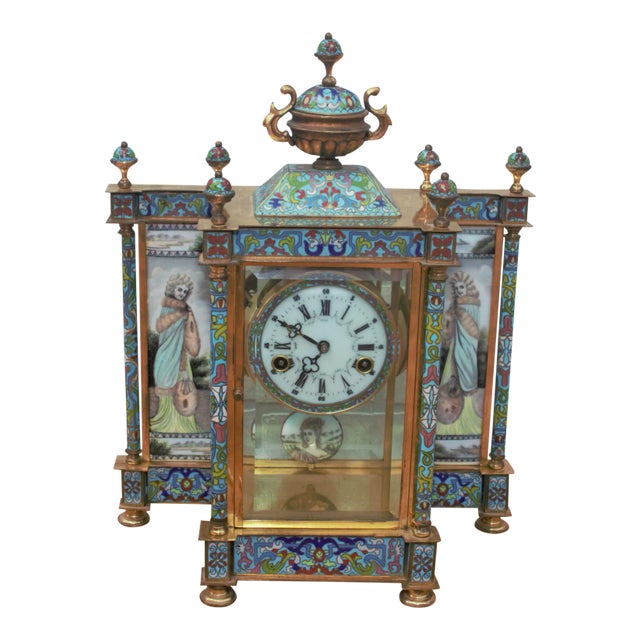 Vintage Chinese Cloisonné Enamel Wind Up 7 Day Chiming Clock For Sale
