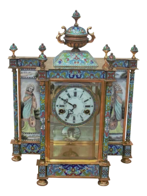 Vintage Chinese Cloisonné Enamel Wind Up 7 Day Chiming Clock