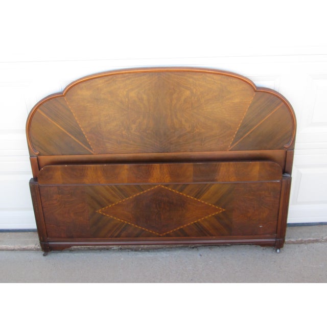 Vintage Art Deco Full Size Headboard with inlaid wood design. The headboard measures approximately 42-1/2 inches tall,...