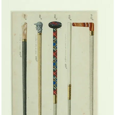 Fabulous hand-colour 19thC plate depicting (5) gents' French walking sticks! Image Sz: 8"H x 12 1/4"W