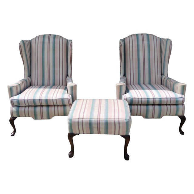 Elevate your space with this striking pair of Vintage Ethan Allen Queen Anne Wingback Chairs, combining timeless American...