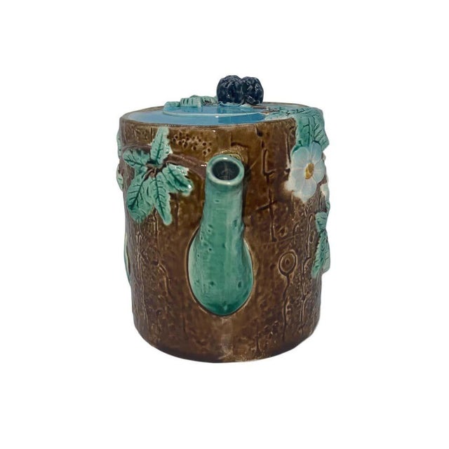 Late 19th Century Holdcroft Majolica Blackberry on Tree Trunk Teapot, Turquoise Blue Cover C. 1877 For Sale - Image 5 of 13