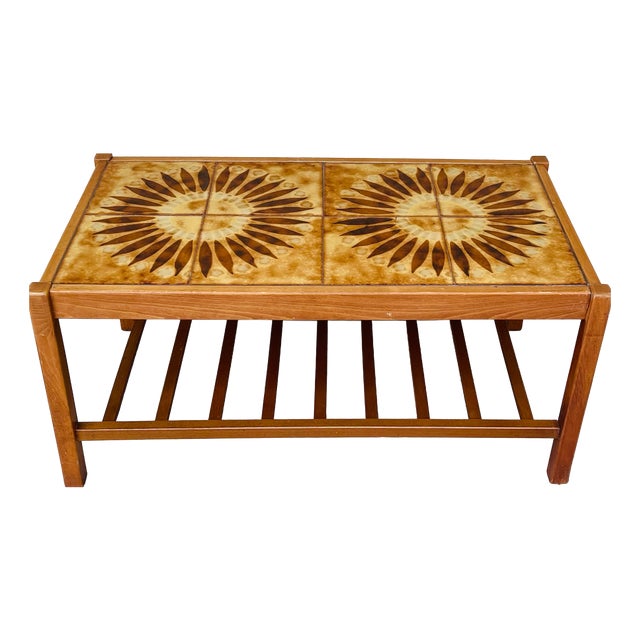 Vintage Teak and Ceramic Coffee Table with Sun Motif, 1960 For Sale