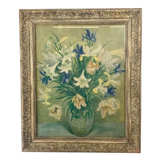 Classic Floral Oil Painting With Bouquet in Vase and Gilt Frame For Sale