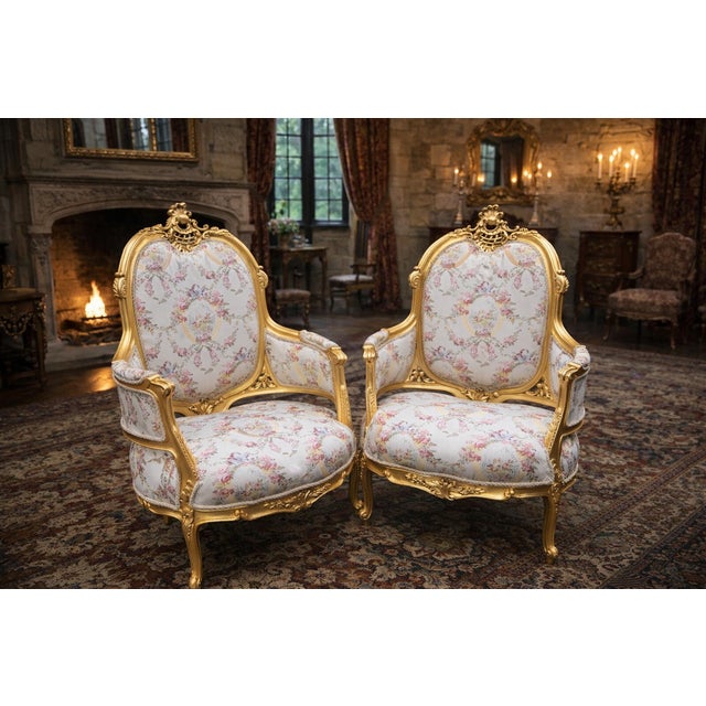 1970 French Louis XVI Gold Beech Damask Bergères - Pair For Sale - Image 14 of 14