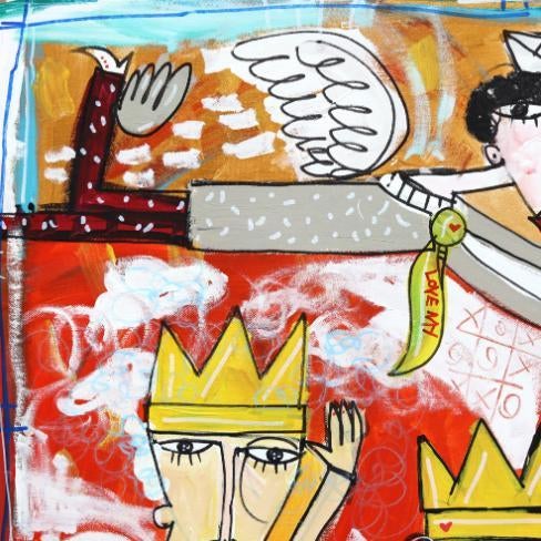 l'Altra Parte - Original Red Multicolor Cubist Figurative Mixed Media Acrylic Painting on Canvas For Sale In Los Angeles - Image 6 of 9