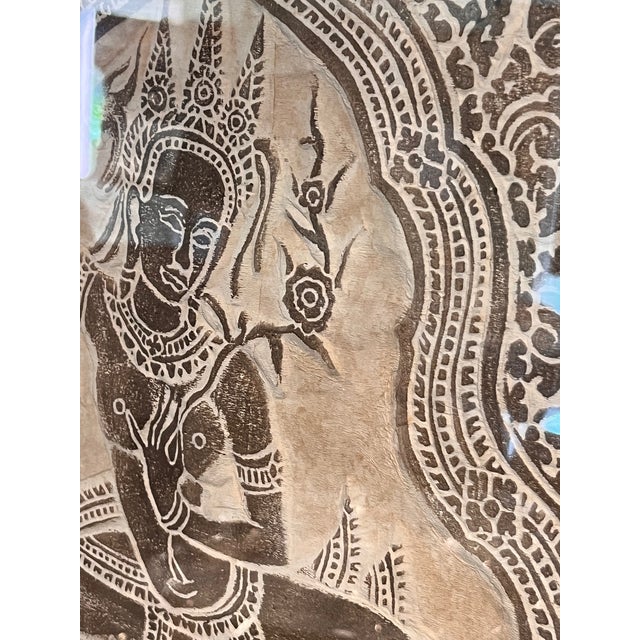 Vintage Thai Relief Rubbing Apsara Dancer Framed Wall Art 20x25 For Sale - Image 4 of 9
