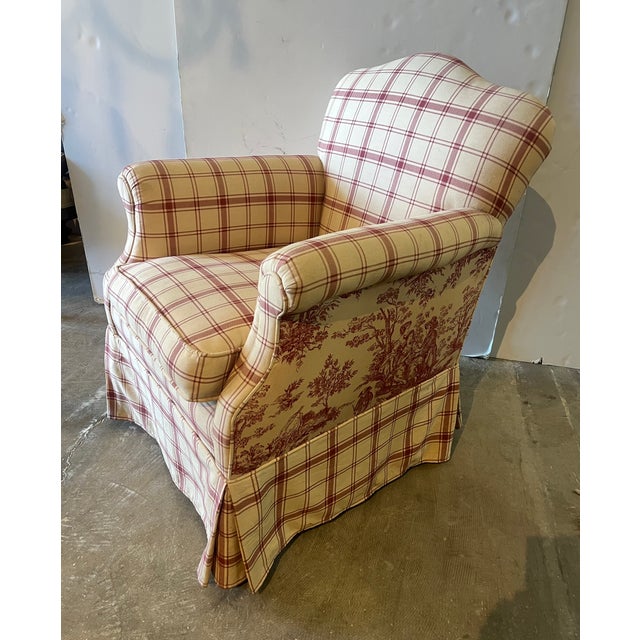 Traditional Vintage Red Plaid and Toile Club Chair For Sale - Image 3 of 4
