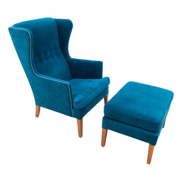 Set of 20th Century Wingback Armchair with Ottoman, Denmark, 1950s For Sale