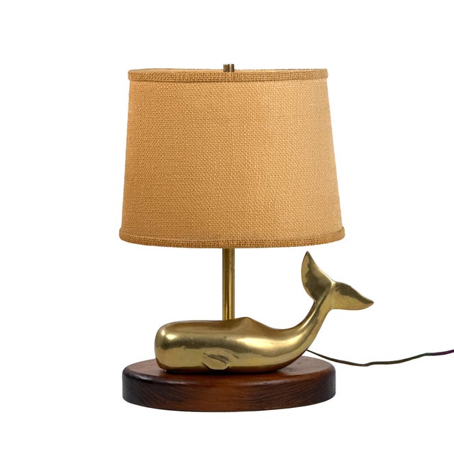 Mid-Century Modern Vintage 1970s Brass Whale Table Lamp W/ Walnut Wood Base & Grasscloth Shade For Sale - Image 3 of 18