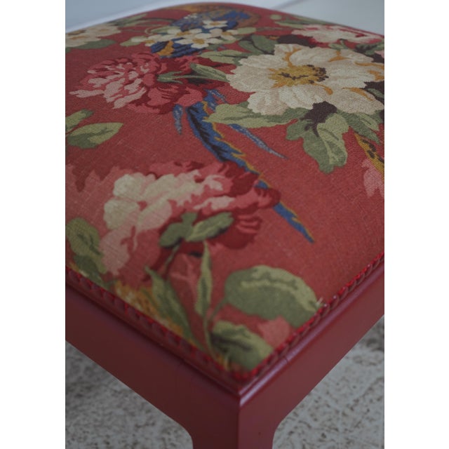Pair of Chinese Style Red Bird & Flower Ottoman or Stools - New Upholstery For Sale - Image 9 of 12