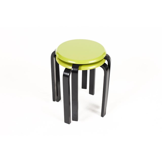 Mid-Century Modern Vintage Mid Century Post Modern Bentwood Stacking Stools — Lime Green + Black Lacquer — Set of Two For Sale - Image 3 of 7