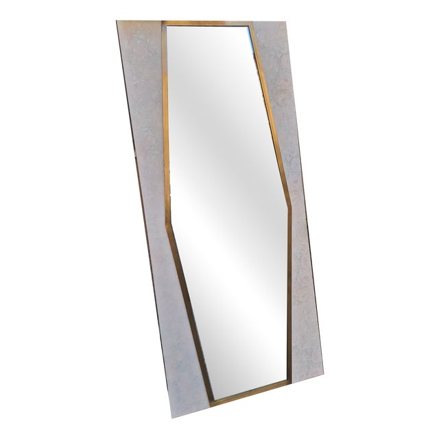 Large Vintage Mirror with Brass Frame on Wooden Panel, 1950s For Sale