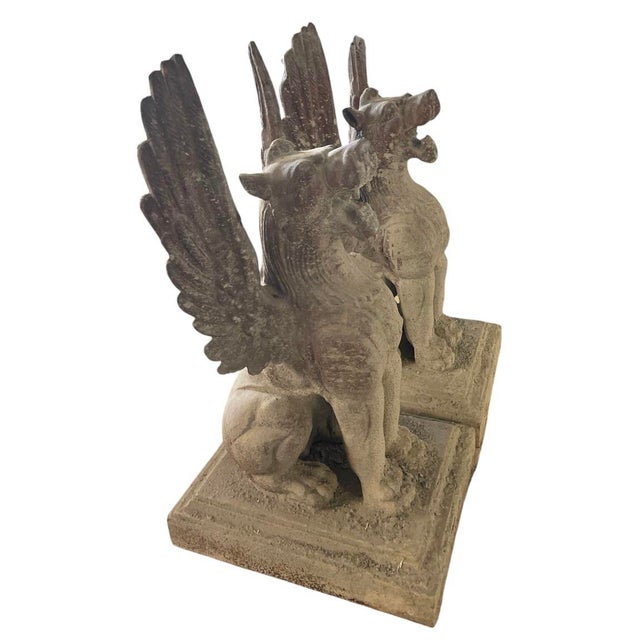 2000 - 2009 Pair of Monumental Neoclassical Cast Iron Winged Griffin Statues For Sale - Image 5 of 12