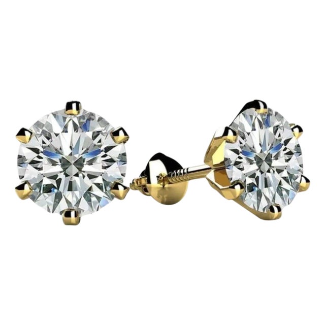 1.0 Carat Diamond Solitaire Stud Earrings 6 Prongs Screw Back 14 Kt Yellow Gold For Sale