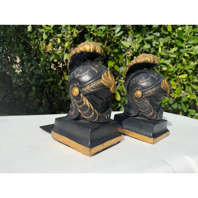 Vintage Neoclassical Greek Corinthian Helmet Bookends in Black & Gilt Finish, a Pair For Sale - Image 4 of 10