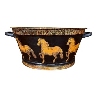 Antique English Planter Jardiniere Horse Equine Black Decoupage Tole Metal C1900 For Sale
