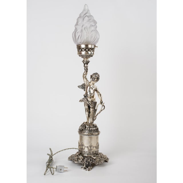 Spectacular and Exceptionally Rare 1950s Spanish Empire Style Silver-Plated Solid Cast Brass Table Lamp Depicting a Winged...
