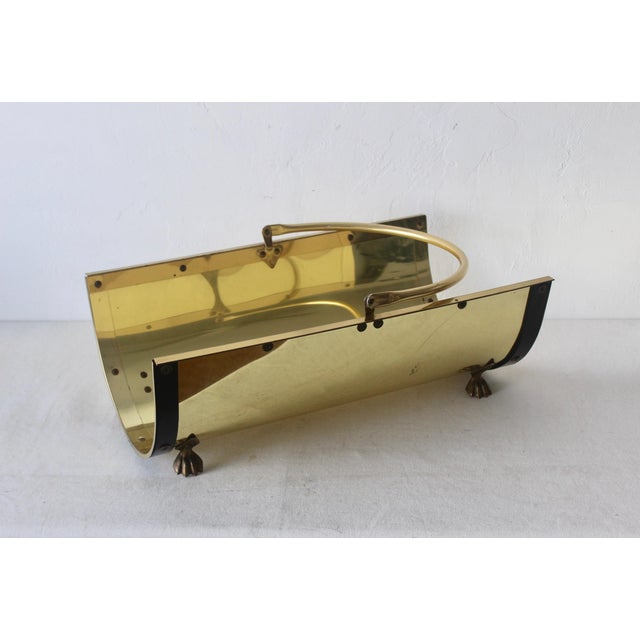 Metal Vintage Mid Century Modernist Gold Brass Black Finish Metal Firewood Log Holder Paw Footed For Sale - Image 7 of 10