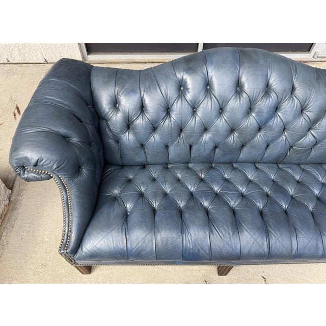 Vintage Blue Leather Camelback Chesterfield Sofa For Sale In Raleigh - Image 6 of 18
