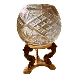 Barski Vintage Crystal Rose Bowl Candle Holder With Antique Gold Plated Brass Stand