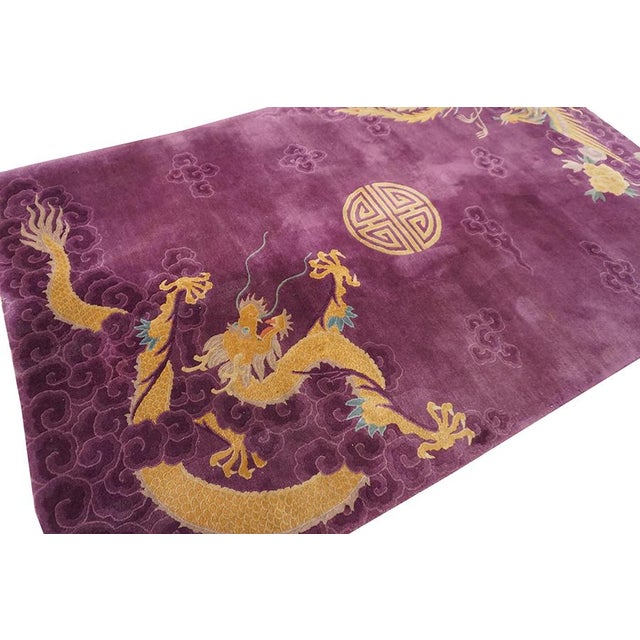 1920s Purple Traditional Dragon Shou Symbols Wool Antique Chinese Art Deco Rug For Sale - Image 4 of 9