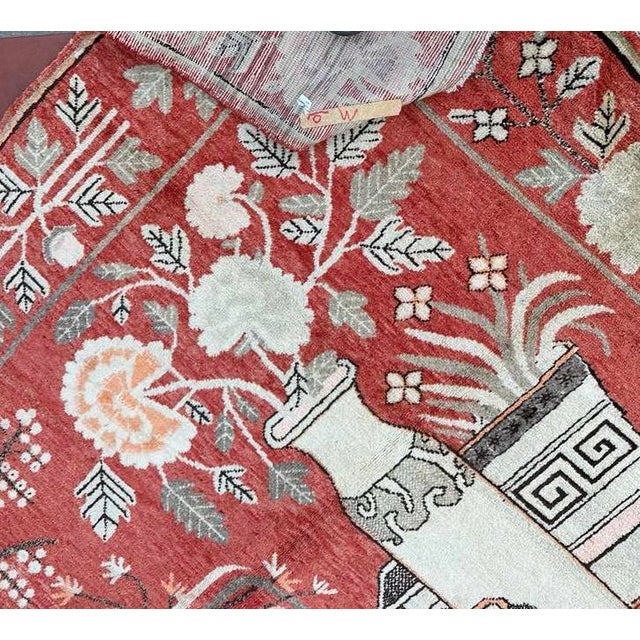 Antique Khotan Rug 5’5” x 8’5” – East Turkestan Wool Rug, Stylized Vase Design, Ivory Floral Border, Red Area Rug, One of...