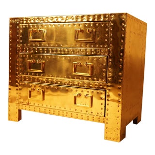 Hollywood Regency Brass & Copper Clad Small Chest of Drawers Nightstand For Sale