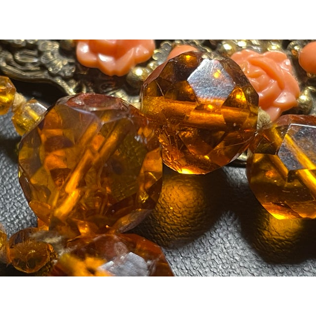 Metal 1930s Art Deco Bohemian Amber Faceted Glass Bead Necklace & Faux Coral Brass Filigree Brooch, 2 Pieces For Sale - Image 7 of 10