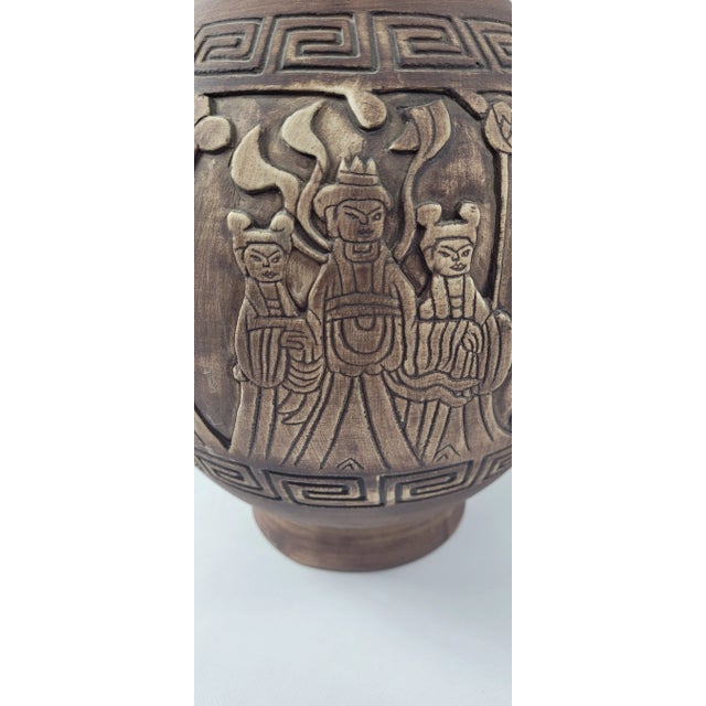 1940s 1970s Pottery Vase Horse Chariot Relief Chinese Court Decor 18.5" Earthy For Sale - Image 5 of 5