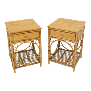 Pair of Bamboo Rattan One Drawer Cane Woven Top Side End Table Nightstands
